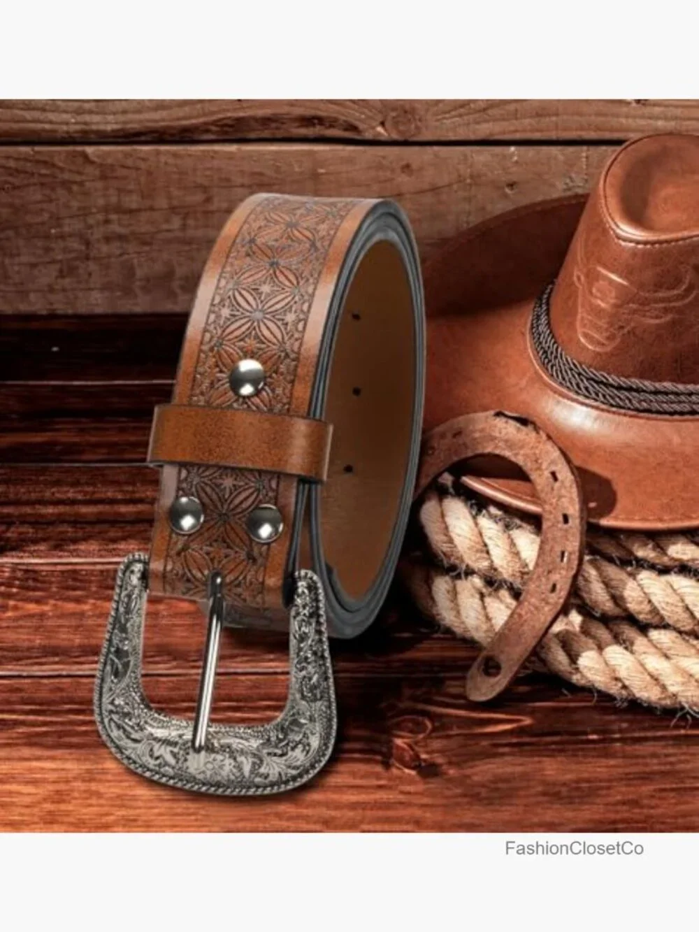 Western Cowgirl PU Leather Belt with Vintage Carved Buckle for Jeans